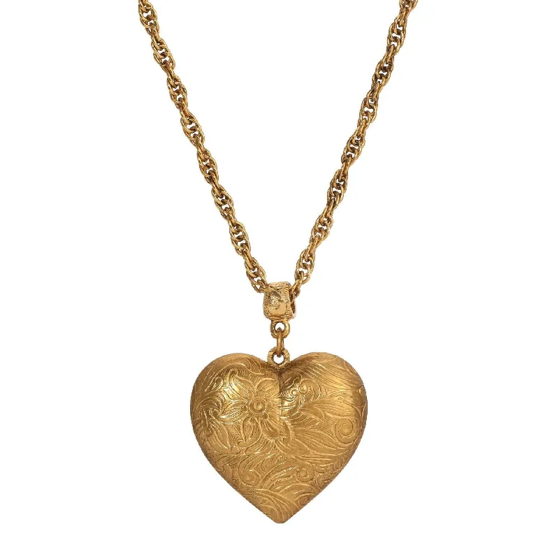 Multi-Strand Necklaces-1928 Jewelry Gold Etched Floral Heart Pendant Necklace 16" + 3" Extension