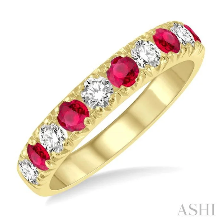 White Gold Wedding Bands-2.9 MM Ruby and 1/2 ctw Round Cut Diamond Precious Wedding Band in 14K Yellow Gold