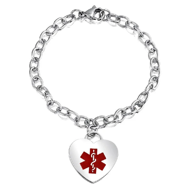 Custom Leather Beaded Bracelets for Men-Link Chain Red Medical ID Bracelet with Heart Tag Silver Tone 7-7.5 Inch