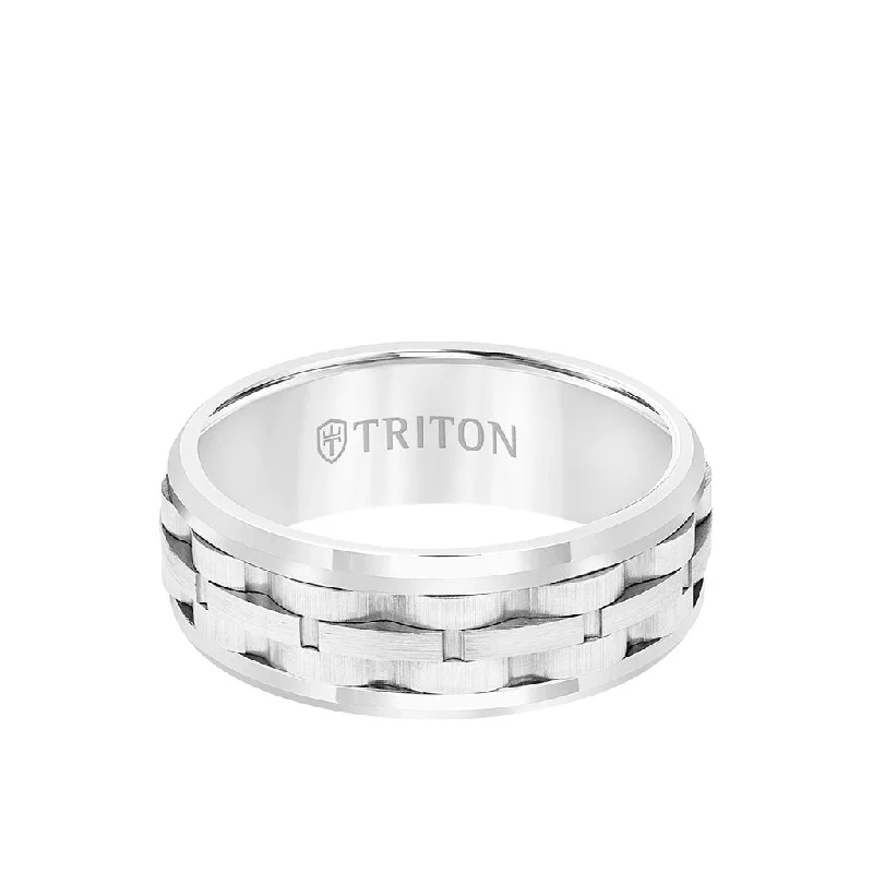 Custom Rings for Special Occasions-8MM Tungsten Carbide Ring - Brushed Link Center and Bevel Edge