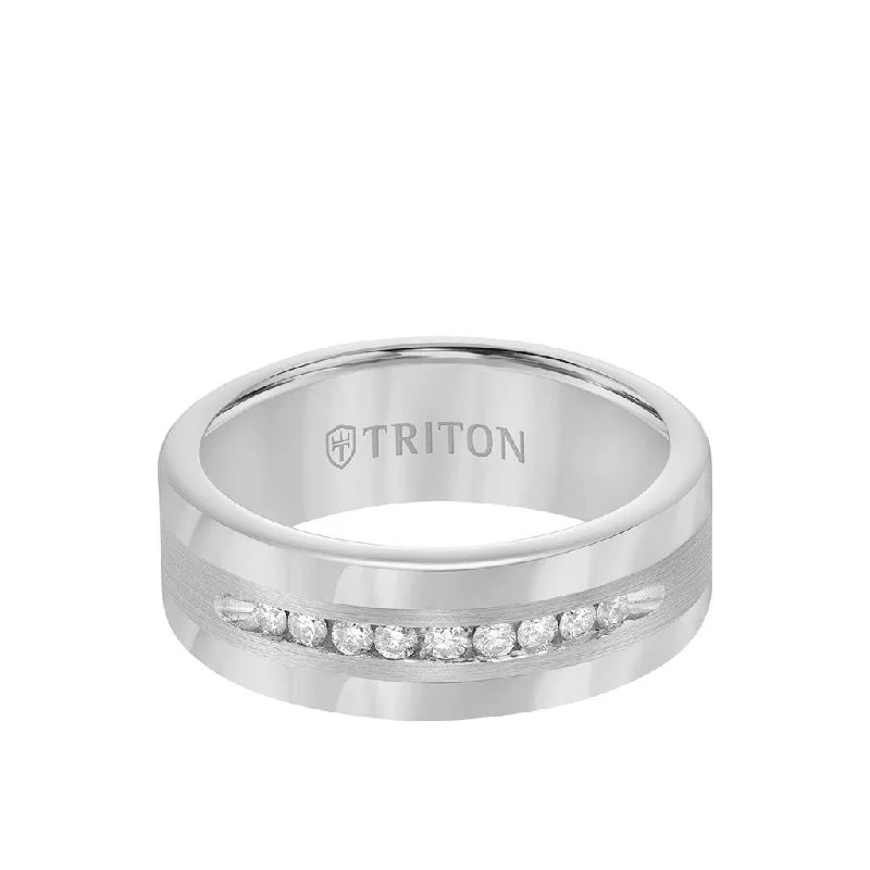 Personalized Promise Rings with Gemstones-8MM Tungsten Diamond Ring - Channel Set Silver Satin Finish and Round Edge