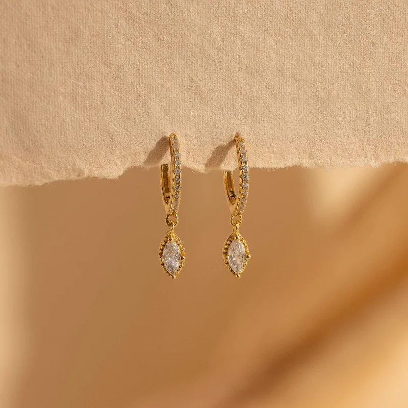 Gold and Pearl Earrings-Marquise Pave Drop Huggies