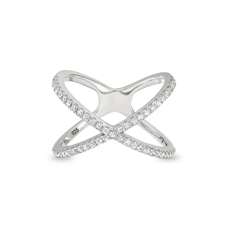 Simple Engagement Rings for Women-Platinum finish sterling silver micropave criss-cross ring with simulated diamonds