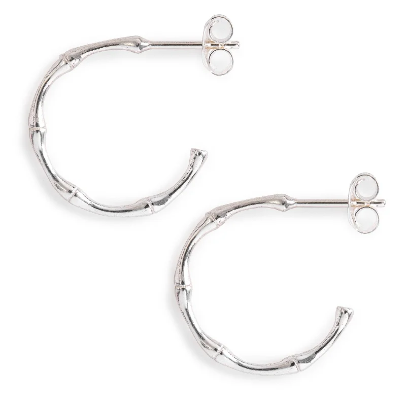 Chic Gemstone Earrings-Silver Bamboo Hoops