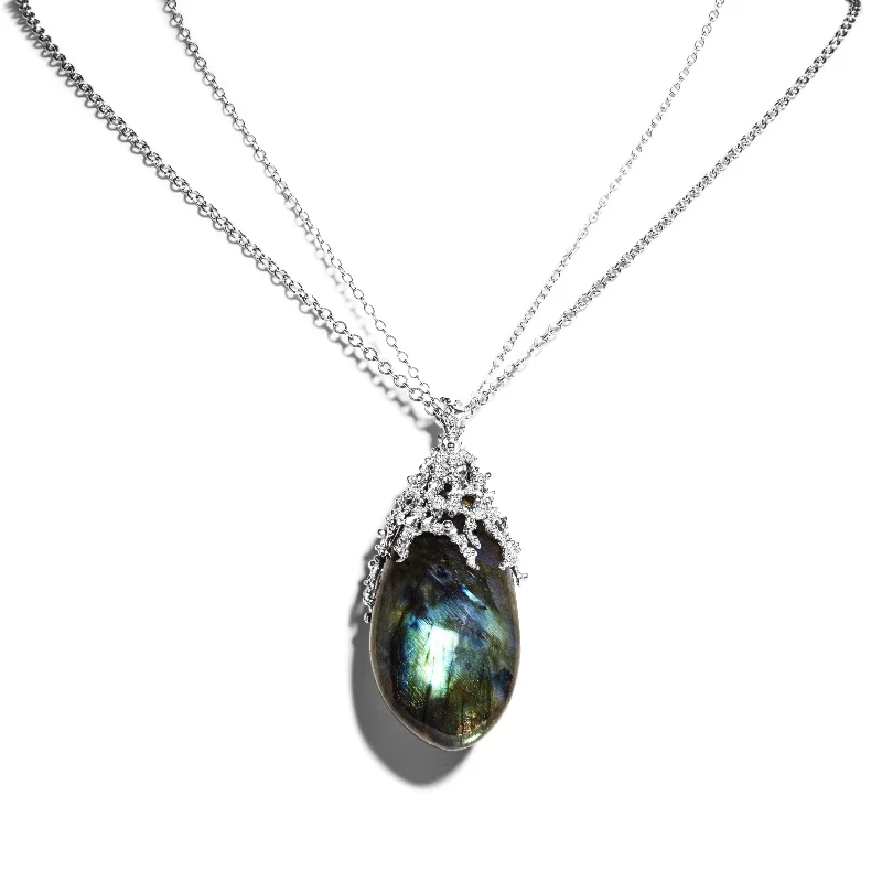 Minimalist Necklaces-Ocean Pendant Necklace with Labradorite and Diamonds