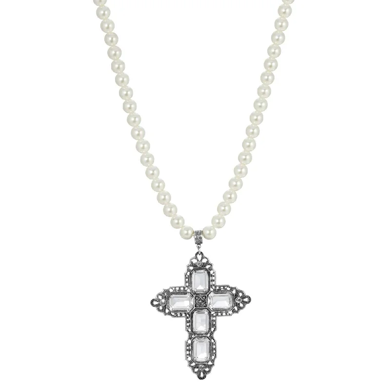 Luxury Gold Necklaces-Symbols Of Faith Octagon Stone Cross Pendant 10mm Faux Pearl Strand Necklace 18" + 3" Extender