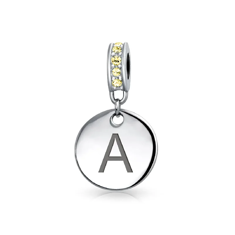 Custom Engraved Tennis Bracelets for Women-Initial Alphabet Bead Charm Yellow Crystal Accent Dangle for European Bracelet