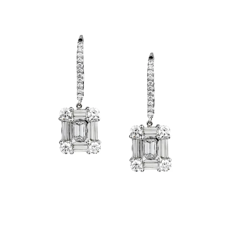 Chic Silver Earrings-EMERALD, BAGUETTE & ROUND DIAMOND DROP EARRINGS