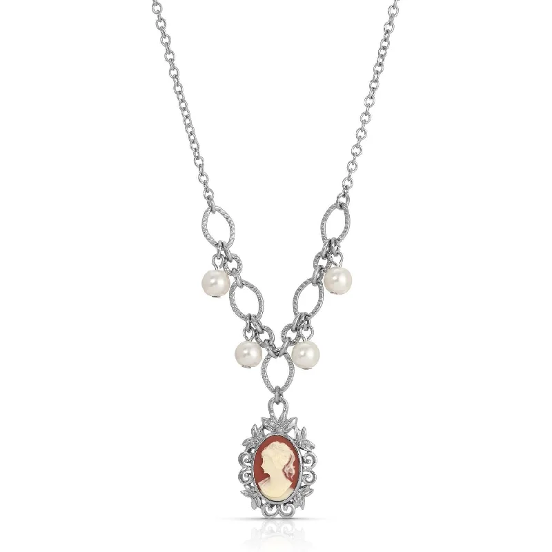 Moon Necklaces-1928 Jewelry Floral Filigree Carnelian Red Cameo Pearl Pendant Necklace Pendant Necklace 16" + 3" Extender