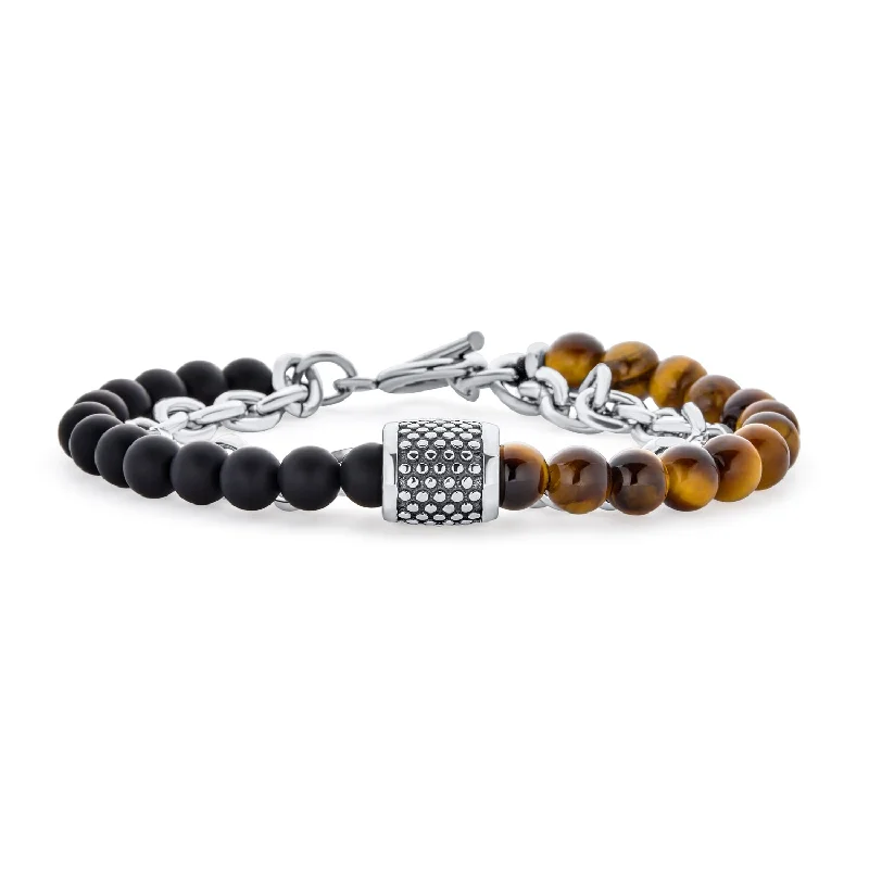 Custom Bracelets for Women with Birthstones-Mixed Two Tone Stretch Bracelet with Gemstone Beads & Silver Toggle Clasp