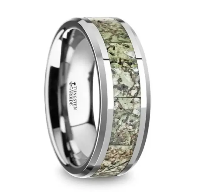 Affordable Engagement Ring Designs-TARGARYEN Men’s Tungsten Ring with Green Dinosaur Bone Inlay & Beveled Edges - 8mm