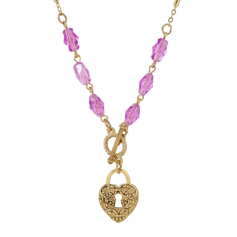 Friendship Necklaces-1928 Jewelry Amethyst Enigma Heart Padlock Pendant Toggle Necklace 18"