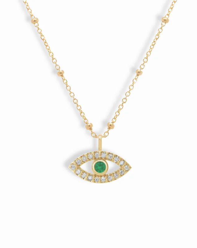 Color Changing Necklaces-14k Diamond + Emerald Evil Eye Pendant Necklace