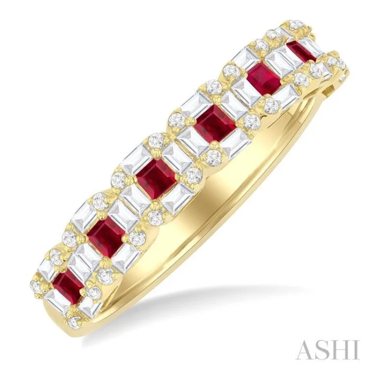 Custom Wedding Rings with Birthstone Inlays-1/2 ctw Princess Cut 1.75MM Ruby, Baguette & Round Cut Diamond Precious Ring in 14K Yellow Gold