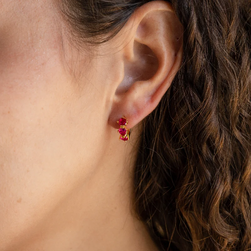 Handmade Gold Earrings-Triple Ruby Birthstone Huggies