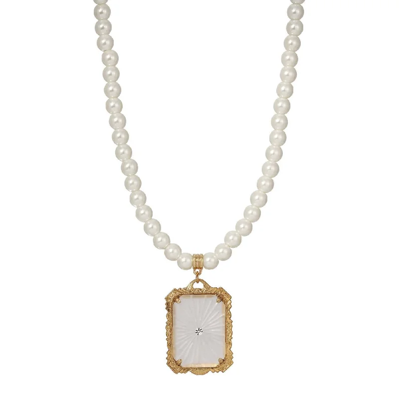 Layered Necklaces-1928 Jewelry Frosted Lalique Glass Pendant 6mm Faux Pearl Strand Necklace 16" + 3" Extender