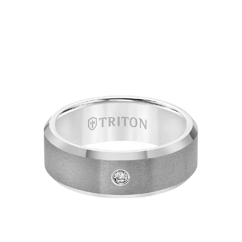 Personalized Wedding Ring Designs-8MM Tungsten Diamond Ring - Solitaire Satin Finish Center and Bevel Edge