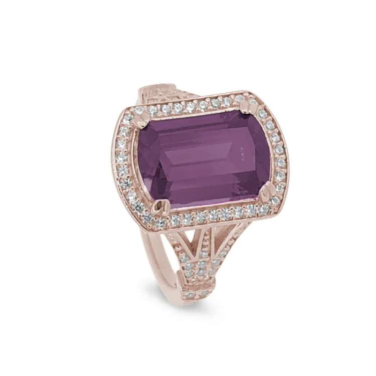 Unique Engagement Rings with Gemstones-Rose Gold Finish Sterling Silver Micropave Emerald Cut Pink Stone Ring with Simulated Diamongs