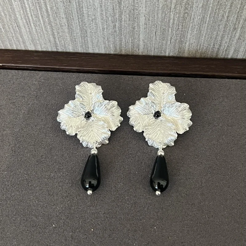 Gold and Pearl Earrings-925 Sterling Silver Flower Drop Black Agate Earrings