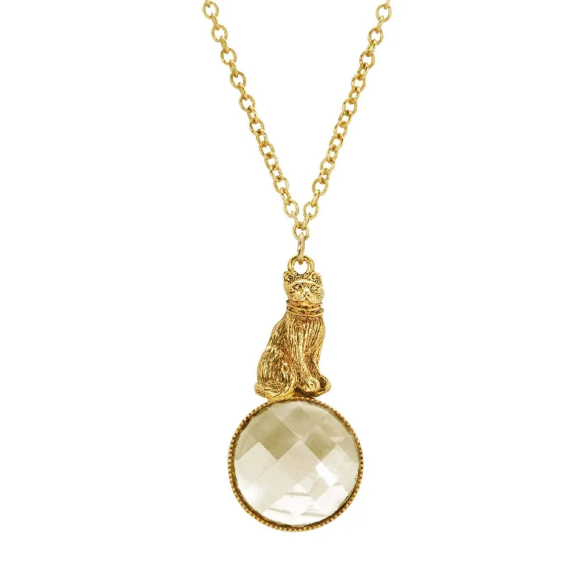 Art Deco Necklaces-1928 Jewelry Sitting Cat On Round Light Topaz Stone Pendant Necklace 28"