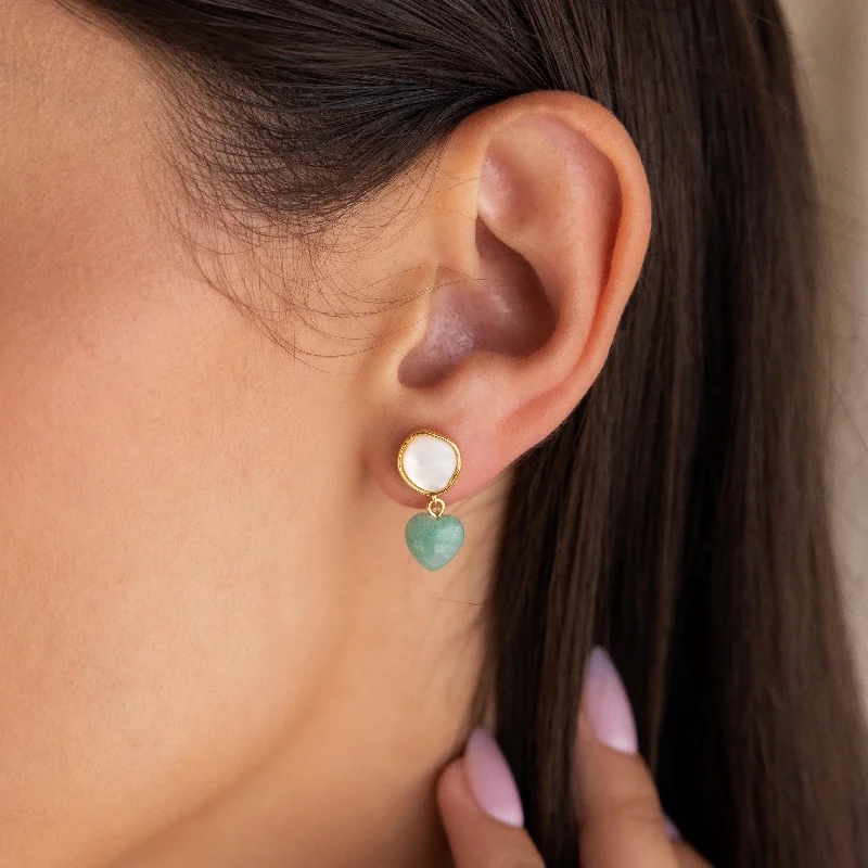 Elegant Gemstone Hoop Earrings-Jade Heart Drop Earrings