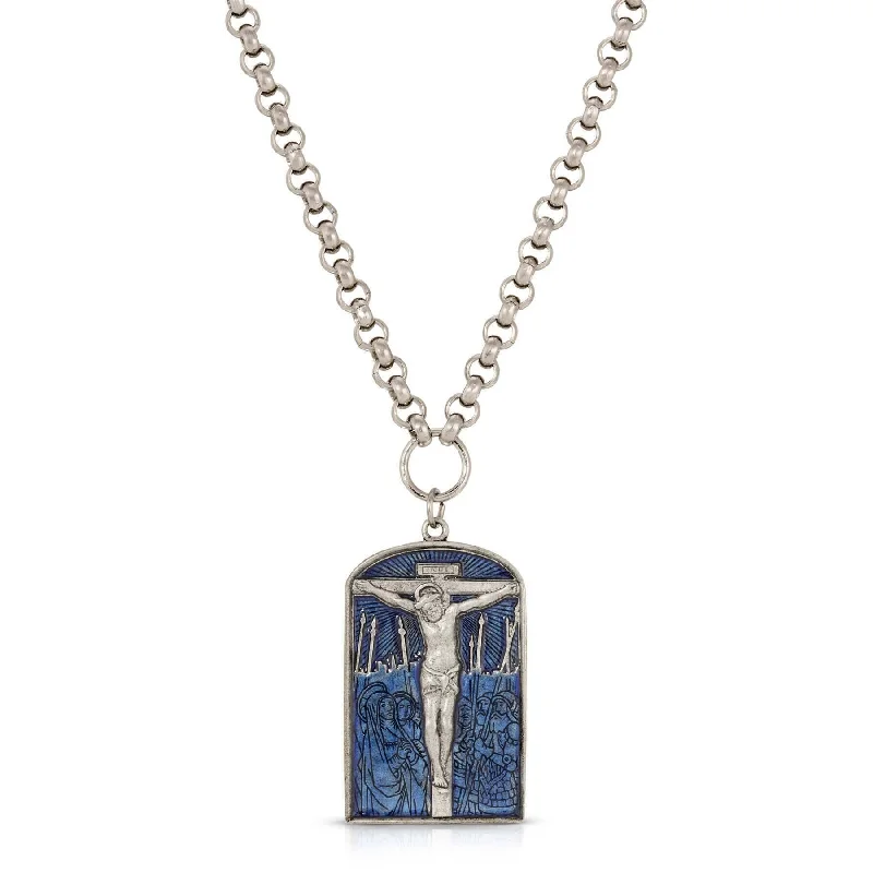 Gothic Necklaces-Symbols Of Faith Crucifixion Scene Blue Enamel Pendant Necklace 22" + 3" Extender