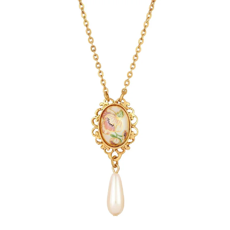 Wedding Necklaces-1928 Jewelry Filigree Floral Pendant Faux Pearl Teardrop Necklace 16" + 3" Extender