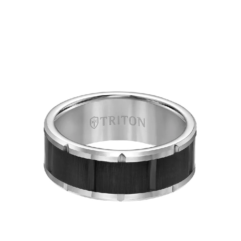 Personalized Men’s Wedding Bands with Gemstones-8.5MM Tungsten Carbide Ring - Brick Pattern Center and Bevel Edge