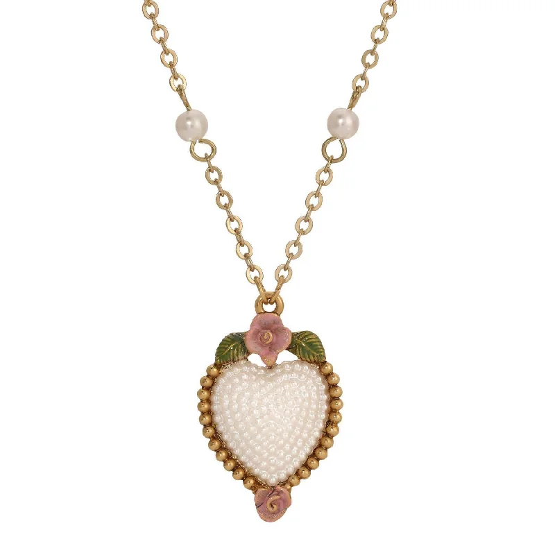 Men's Necklaces-1928 Jewelry Pearly Eden Pink Rose Enamel Faux Pearl Heart Pendant Necklace 16" + 3" Extender