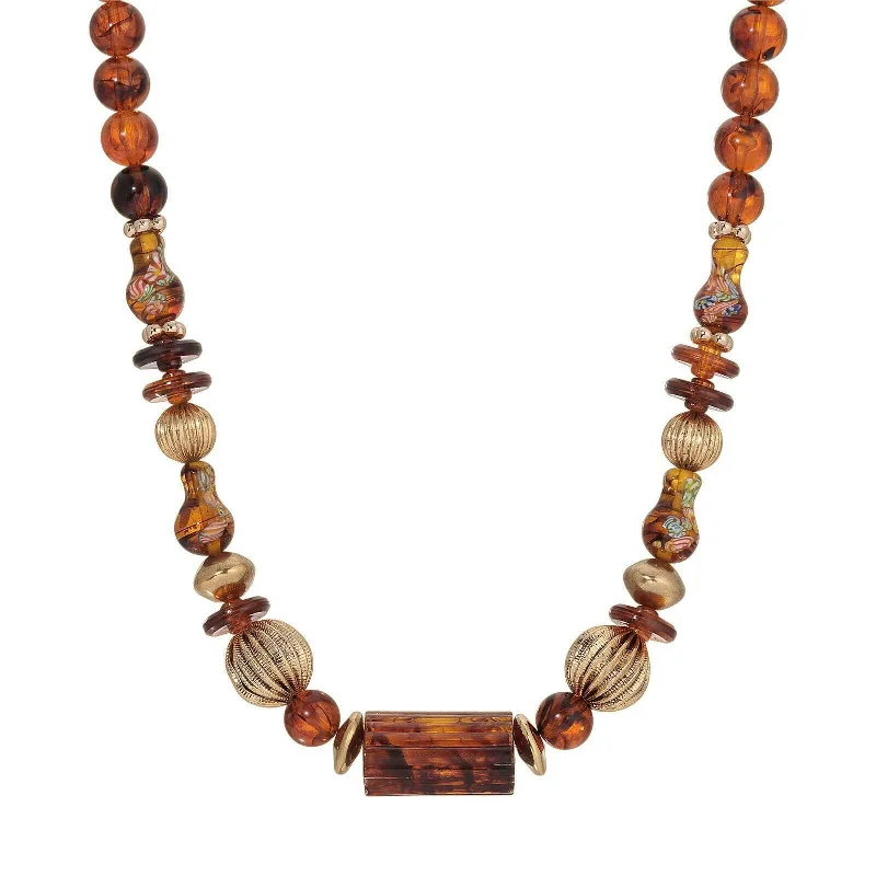 Zodiac Pendant Necklaces-1928 Jewelry Alexandria Tortoise & Corrugated Bead Necklace 16" + 3" Extender