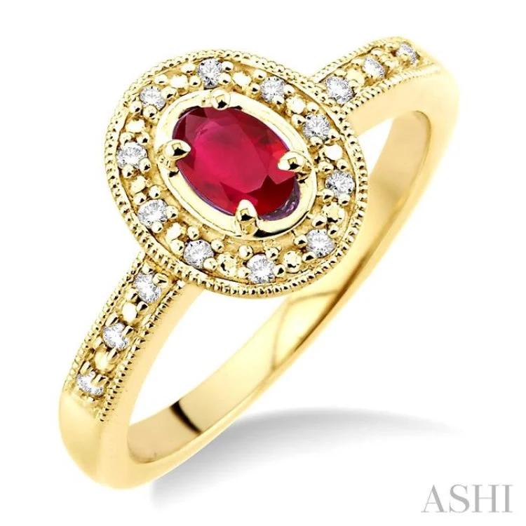 Women’s Engagement Rings with Diamonds-5x3 MM oval cut Ruby and 1/10 ctw Single Cut Diamond Ring in 10K Yellow Gold.