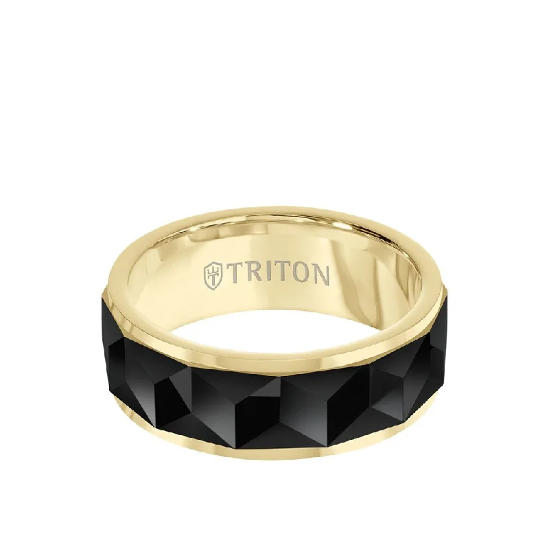 Luxury Diamond Engagement Rings-8MM Tungsten Carbide Ring - Faceted Chevron Pattern and Bevel Edge