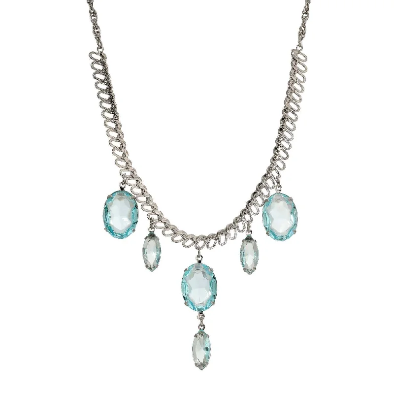 Statement Pendant Necklaces-1928 Jewelry Atlantis Aqua Blue Oval Glass Crystal Drop Necklace 16" + 3" Extension