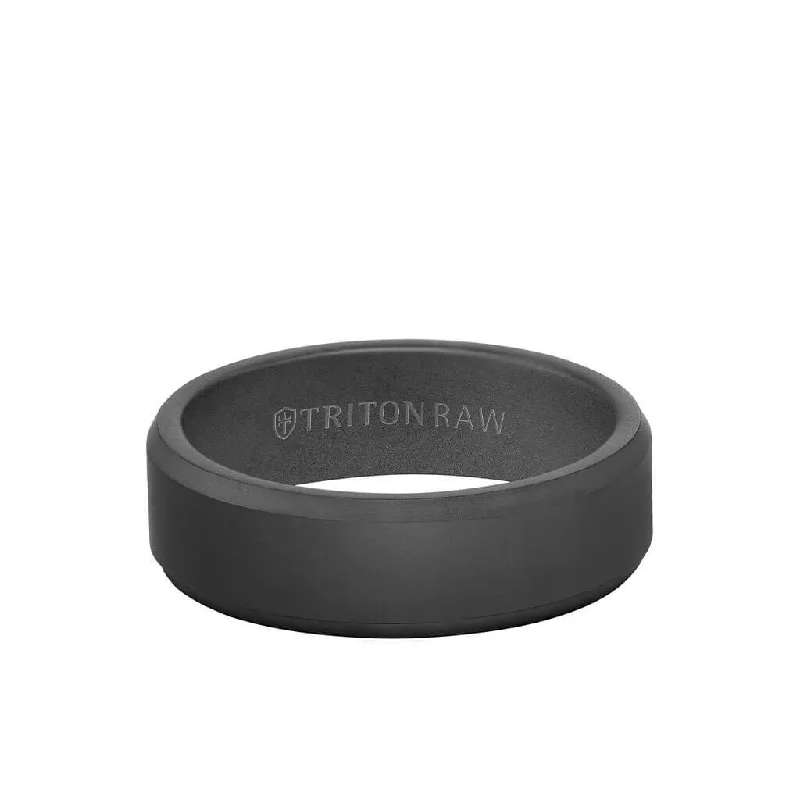 Men’s Custom Promise Rings with Engraving-7MM Tungsten RAW Black DLC Ring - Matte Finish and Bevel Edge