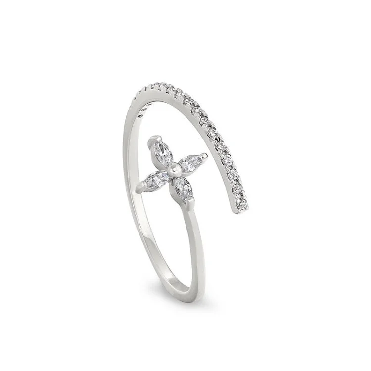 Men’s Customizable Promise Rings-Platinum Finish Sterling Silver Micropave Adjustable Twist Flower Ring with Simulated Diamonds