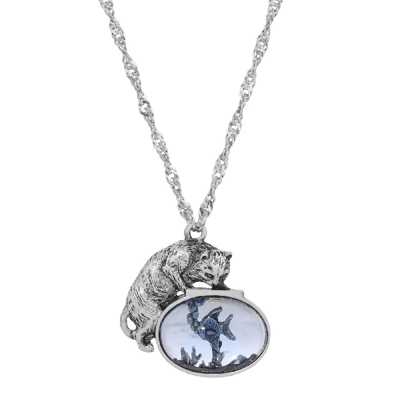 Simple Pendant Necklaces-1928 Jewelry Whimsical Cat & Blue Fish Pendant Necklace 18"