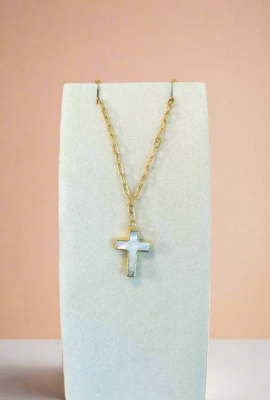 Bar Necklaces-Mother of Pearl Cross Necklace - Ready to Ship 18"