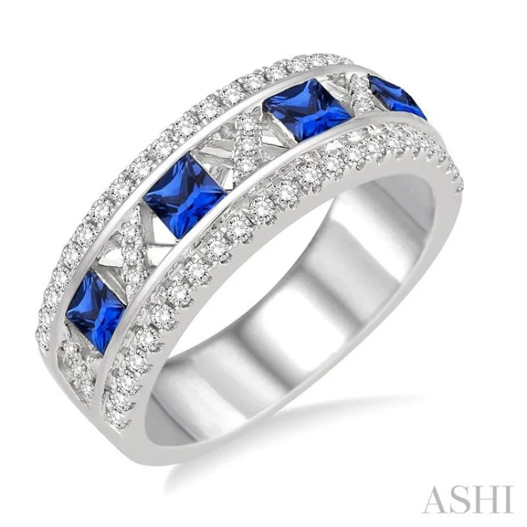 Custom Wedding Ring Bands for Women-3x3 MM Princess Cut Sapphire and 3/8 Ctw Round Cut Diamond Ring in 14K White Gold