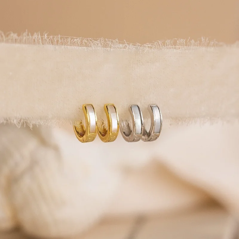 Classic Stud Hoop Earrings-Mother of Pearl Inlay Huggies