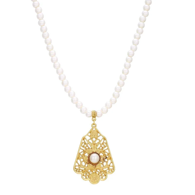 Color Changing Necklaces-1928 Jewelry Filigree Shield 6mm Faux Pearl Strand Pendant Necklace 15"+ 3" Extender