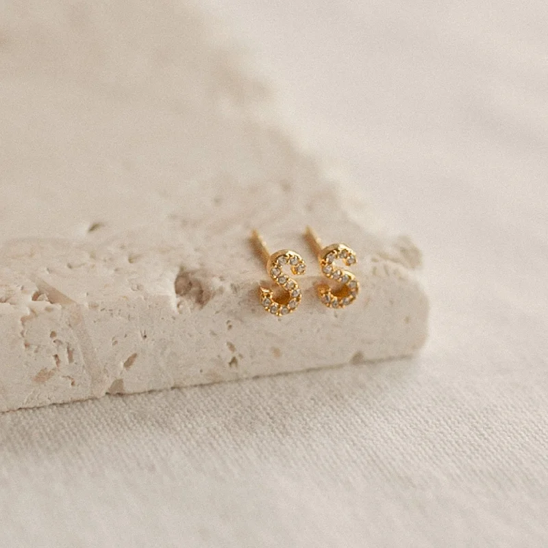 Luxury Hoop Gemstone Earrings-Pave Letter Studs