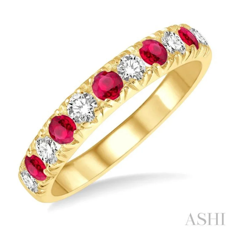 Wedding Rings with Custom Engraving-2.6 MM Ruby and 3/8 ctw Round Cut Diamond Precious Wedding Band in 14K Yellow Gold