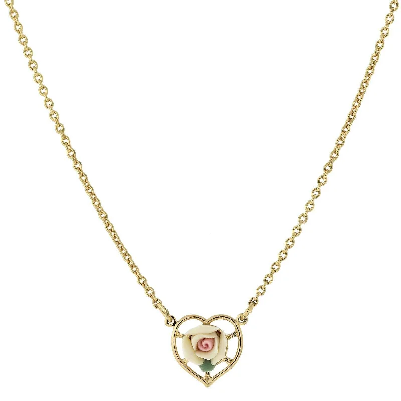 Natural Stone Necklaces-1928 Jewelry Porcelain Rose Heart Pendant Necklace 16" + 3" Extender