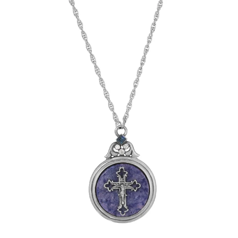 14K Gold Necklaces-Symbols Of Faith Blue Sodalite Gemstone Crucifix Crystal Pendant Necklace 28"