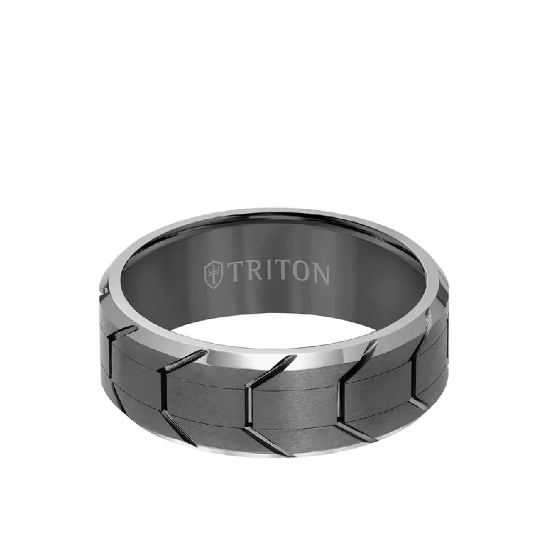 Custom Gold Rings for Men-8MM Tungsten Carbide Ring - Gunmetal Tire Tread Center and Bevel Edge