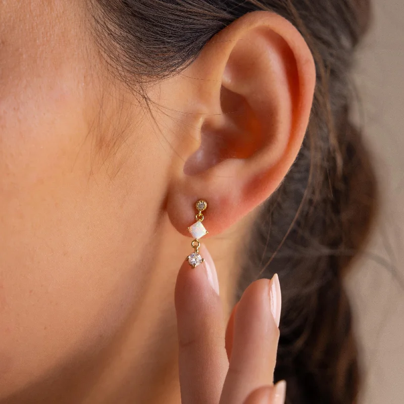 Trendy Gemstone Dangle Earrings-Opal & Diamond Drop Studs