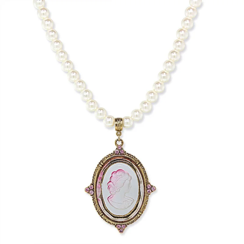 Custom Engraved Necklaces-1928 Jewelry Crystal Oval Glass Intaglio 8mm Faux Pearl Strand Pendant Necklace 18"