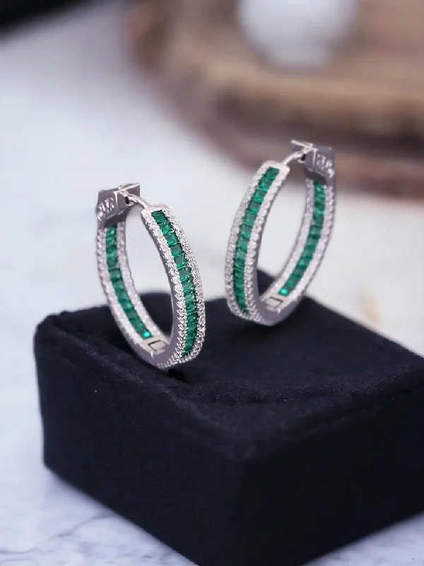 Silver Designer Hoop Earrings-Emerald Tigger Zirconia Hoops