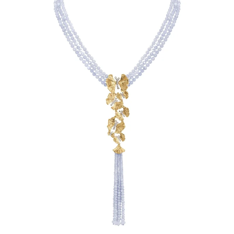 Choker Necklaces-Butterfly Ginkgo Tassel Necklace with Chalcedony and Diamonds