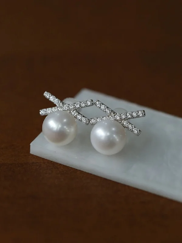 Unique Silver Earrings-Sparkling X-Shaped Pearl Stud Earrings